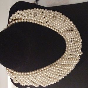 Vintage Gold Tone Cream Color Pearl Glass Collar Necklace Stamped Japan